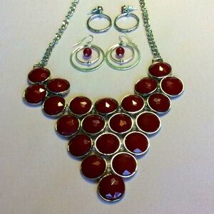 FINAL SALE PRICE Silver & Red Statement Necklace + 2 Earrings
